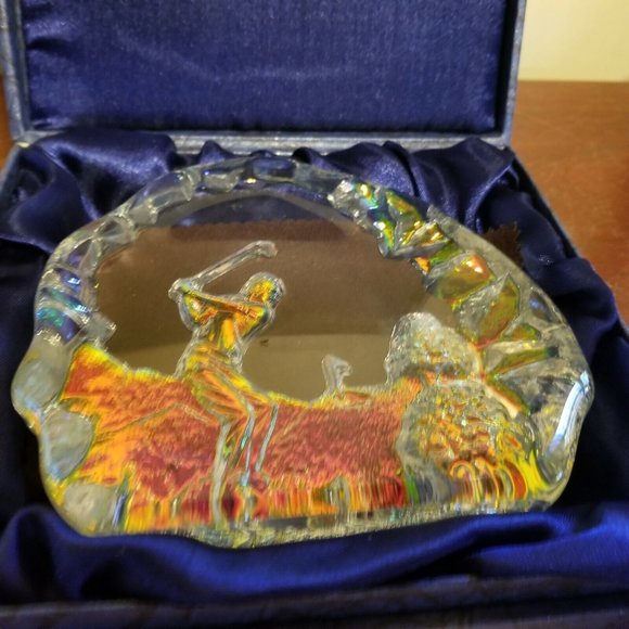 Crystal Iridescent Golf Award Trophy 5.5'' Plaque Padded Box Heavy Glass - Picture 11 of 13